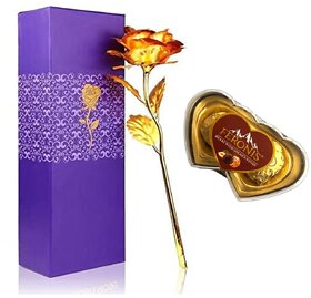 Gold Plated Artificial Rose Flower with 2pc golden wrapping chocolate FOR GIFT