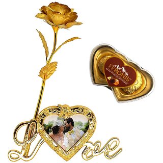 Artificial Rose 24k Gold Stand and Love Frame WITH 2pc golden wrapping chocolate in a presentable lovely gift box