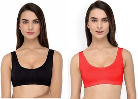 Texello Pack of 2 Women Sports Non Padded Bra (Black, Red)