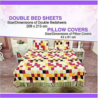 UnV Yellow Geometric print King size double bedsheet with pillow covers