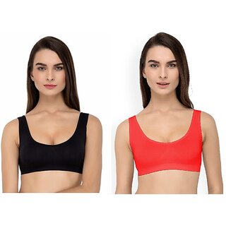 Texello Pack of 2 Women Sports Non Padded Bra (Black, Red)