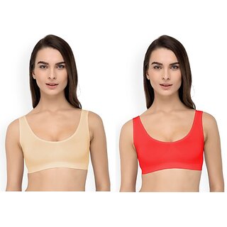                       Texello Pack of 2 Women Sports Non Padded Bra (Red, Beige)                                              