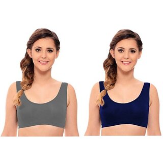                       Texello Pack of 2 Women Sports Non Padded Bra (Grey, Dark Blue)                                              