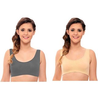                       Texello Pack of 2 Women Sports Non Padded Bra (Grey, Beige)                                              