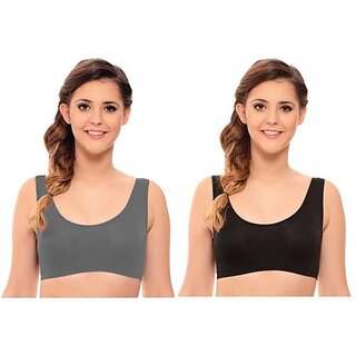                       Texello Pack of 2 Women Sports Non Padded Bra (Grey, Black)                                              