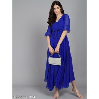                       Raabta Royal Blue V-Neck Long Dress                                              