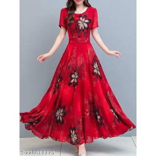                       Raabta Red Green Sunflower Long Dress                                              