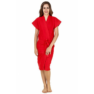                      FeelBlue Terry Cotton Free Size Half Sleeve Bathrobe for Women, Red                                              
