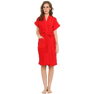                       FeelBlue Terry Cotton Free Size Half Sleeve Bathrobe for Women, Red                                              
