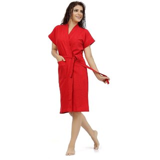                       FeelBlue Terry Cotton Free Size Women's Red Bathrobe                                              