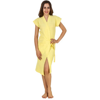                       FeelBlue Terry Cotton Free Size Half Sleeve Bathrobe for Women, Yellow                                              