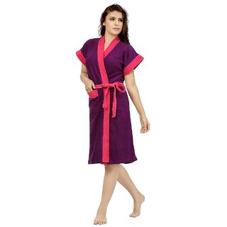                       Feelblue Terry Cotton Free Size Double Shaded Womens Bathrobe Purple                                              