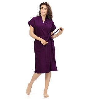                       Feelblue Terry Cotton Free Size Womens Purple Bathrobe                                              