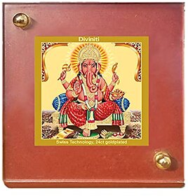 DIVINITI Ganesha Frontpose God Idol Photo Frame for Car Dashboard Table Dxc3xa9cor| MDF 1B wooden Frame and 24K Gold Plated Foil|Religious photo frame idol for Pooja Gifts Items (6.3x5.5 cm) (1 Pack)