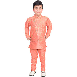                       Premium Boys Jacket, Kurta, Pyjama set - Peach Color                                              