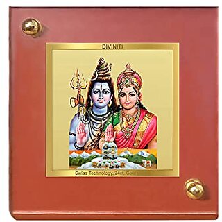                       Diviniti Lord Shiva and Parvati Idol for Car Dashboard Table Decor Office  MDF 1B Wooden Frame and 24K Gold Plated FoilIdol for Pooja Prayer Gifts Items (6.3x5.5 cm) (1 Pack)                                              