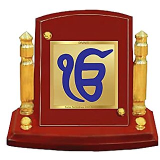                       DIVINITI Ik Onkar Idol Photo Frame for Car Dashboard Table Decor office  MDF 1B wooden Frame 24K Gold Plated Foil and Engraved Pillars of Brass Idol for Pooja Gifts Items (7x9cm)                                              