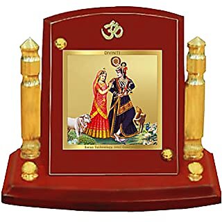                       DIVINITI Radhakrishna God Idol Photo Frame for Car Dashboard Table Dxc3xa9cor office  MDF 1B wooden Frame 24K Gold Plated Foil and Engraved Pillars of BrassIdol for Pooja Gifts Items (7 x 9 cm)                                              
