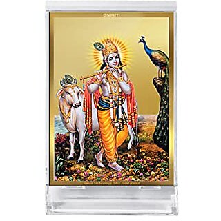                       DIVINITI Krishna with cow Idol Photo Frame for Car Dashboard Table Dxc3xa9cor office|ACF 3 ACRYLIC Frame 24K Gold Plated Foil and |Idol for Pooja prayer Gifts Items (11X6.8 CM)                                              