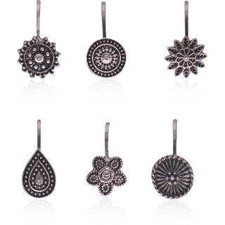                       Arsuvi Latest Nose Pin Designs Traditional Silver Oxidised Nose Pin Combo Pack Without Piercing Floral Shaped NP006-SL                                              