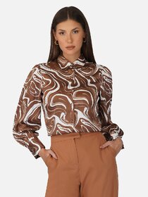 Purys Women Brown Satin Printed Casual Shirt
