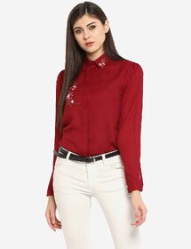 Purys Women Maroon Poly Cotton Embroidered Casual Shirt