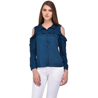 Purys Women Blue Cotton Blend Solid Partywear Shirt