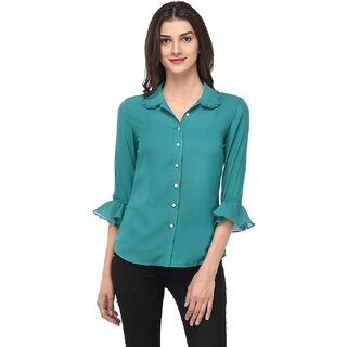                       Purys Women Green Poly Cotton Solid Casual Shirt                                              