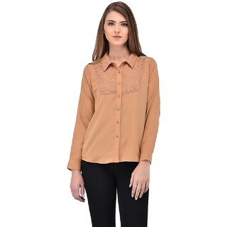 Purys Women Brown Poly Cotton Solid Formal Shirt