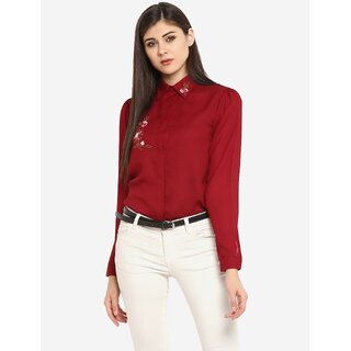 Purys Women Maroon Poly Cotton Embroidered Casual Shirt