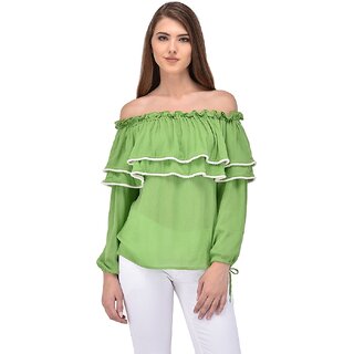                       Purys Women Green Solid Off Shoulder Top                                              