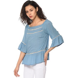 Best Women Purys Women Blue Solid Regular Top 2025 at ShopCircuit | ONDC