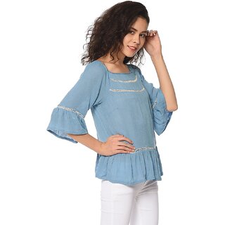 Best Women Purys Women Blue Solid Regular Top 2025 at ShopCircuit | ONDC