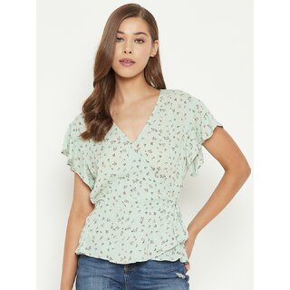                       PURYS Women Green Printed Wrap Top                                              