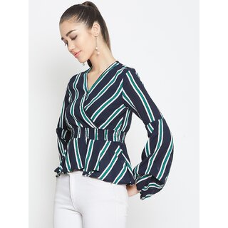 Latest Women Purys Women Black Striped Regular Fit Casual Top with Short Sleeves 2025 at ShopCir