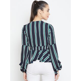 Latest Women Purys Women Black Striped Regular Fit Casual Top with Short Sleeves 2025 at ShopCir