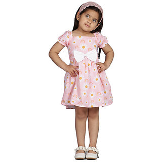                       TINY TWILLS Girl's Printed Knee Length Dress with Short Sleeves                                              