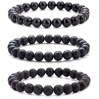 Astroghar Matte Finish Black Onyx and Black Lava Rocks Beads Volcanic Beads Stretch Bracelets