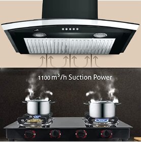Ruwa 60cm 1100m3/hr Kitchen Chimney Model: Dove Black (Features Push Controls, Stainless Steel Baffle Filter, 3watts led Lights with Plastic Oil cup) with installation Kit