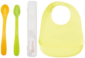 Smart Angel Japan Baby Feeding Spoon Set With Case (2 Pieces) and Waterproof Silicone Apron / Bib For Kids, Combo Set