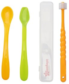 Smart Angel Japan Baby Feeding Spoon Set With Case (2 Pieces) and 360 Degree Kids Toothbrush (Orange), Combo Set