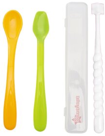 Smart Angel Japan Baby Feeding Spoon Set With Case (2 Pieces) and 360 Degree Kids Toothbrush (White), Combo Set