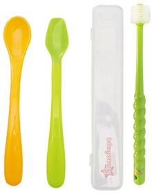 Smart Angel Japan Baby Feeding Spoon Set With Case (2 Pieces) and 360 Degree Kids Toothbrush (Green), Combo Set