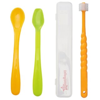                       Smart Angel Japan Baby Feeding Spoon Set With Case (2 Pieces) and 360 Degree Kids Toothbrush (Orange), Combo Set                                              