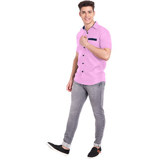                       Vida Loca Pink Cotton Solid Slim Fit Half Sleeves Shirt For Mens                                              