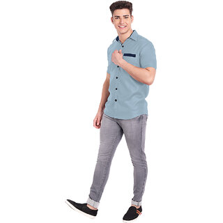                       Vida Loca Grey Cotton Solid Slim Fit Half Sleeves Shirt For Mens                                              