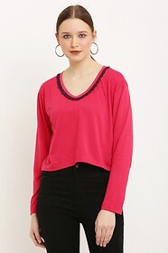 AMLA FAISHON Casual Regular Sleeves Solid Women Pink Top