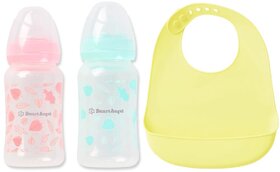 Smart Angel Japan Baby Feeding Bottle (Pack of 2, 250ml Each) and Waterproof Silicone Apron / Bib For Kids, Combo Set