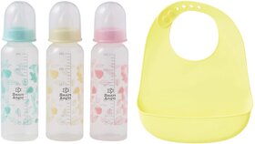 Smart Angel Japan Baby Feeding Bottle (Pack of 3, 250ml Each) and Waterproof Silicone Apron / Bib For Kids, Combo Set