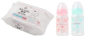 Smart Angel Japan Baby Diaper Wipes (60 Unscented Wipes) and Baby Feeding Bottle (Pack of 2, 250ml Each) Combo Set